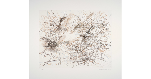 An abstract color print of overlapping short, gestural lines in shades of brown and gray.