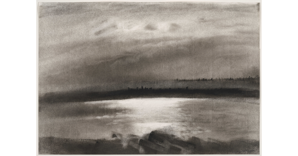 A charcoal drawing of a calm lake and trees dotting the horizon in the distance.