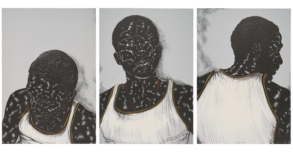 A triptych of a young Black man in various poses wearing a white tank top with gold accents.