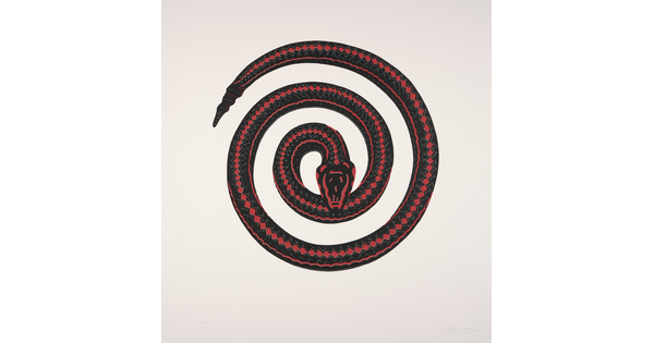 A color print of a black and red snake in a spiral, head at the center, biting itself.