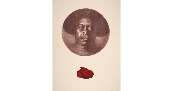A black-and-white print portrait of a Black person framed by a circle, a red rose below.