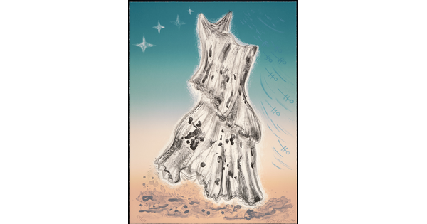 A print of a dog-shaped figure draped in a spotted sheet on a background of stars and abstracted forms.