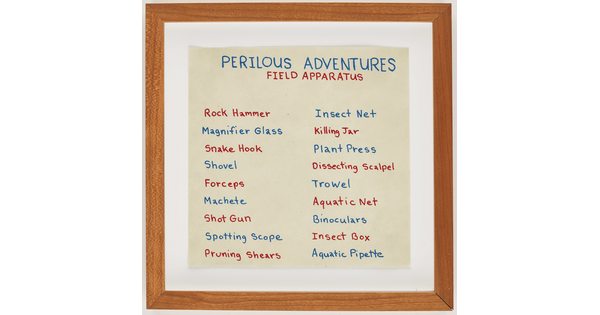 A small square framed print of a supply list of adventure gear in blue and red handwriting.