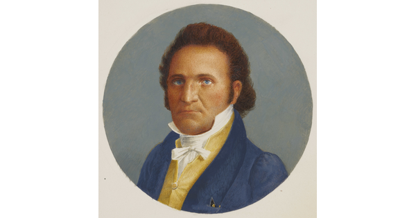 A round watercolor portrait of a White man with brown hair, blue eyes, wearing a blue jacket, yellow vest, and white shirt with a stiff, high collar.