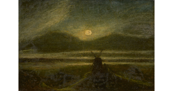 A dark oil painting of the silhouette of a windmill against a dark night lit by a hazy moon.