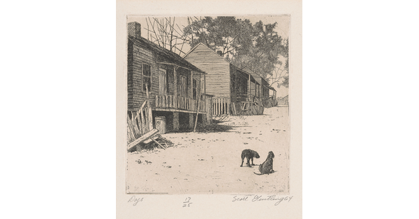 A black-and-white print of two dogs outside of a row of wood shacks.