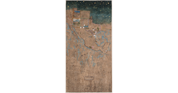 A large, paper map depicting U.S. border states and Mexico, and illustrations of various flora and fauna.
