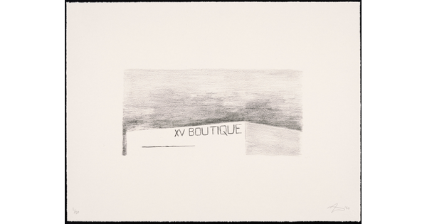 A black-and-white print of a building with "XV Boutique" written across the top of the structure against a dark sky.