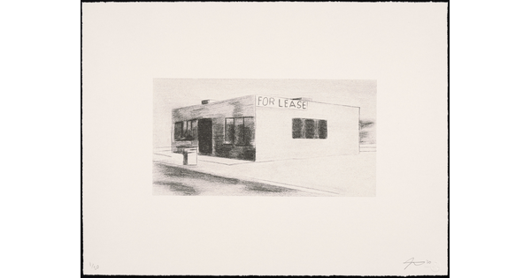 A black-and-white print of the front and side of a building with a storefront with a "for lease" sign hanging from the side.
