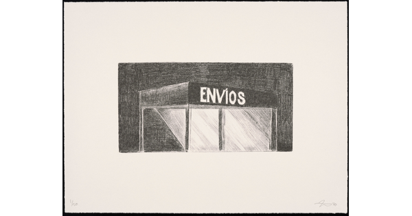 A black-and-white print of an illuminated building at night, with "Envíos" written across the top of the structure.