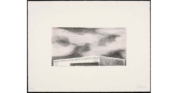 A black-and-white print of a building with "Iglesia Evangélica de Dios en Cristo Jesús" written across the top of the structure.