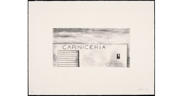 A black-and-white print of a warehouse-like with "Carnicería" written across the top of the structure.