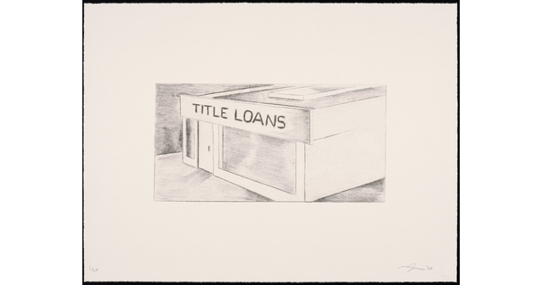 A black-and-white print of a building, viewed from above, with "Title Loans" written across the top of the structure.