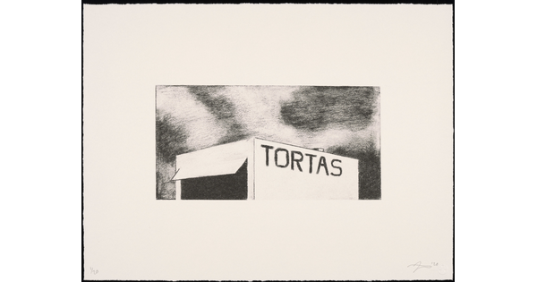 A black-and-white print of a building with "Tortas" written across the top of the structure.