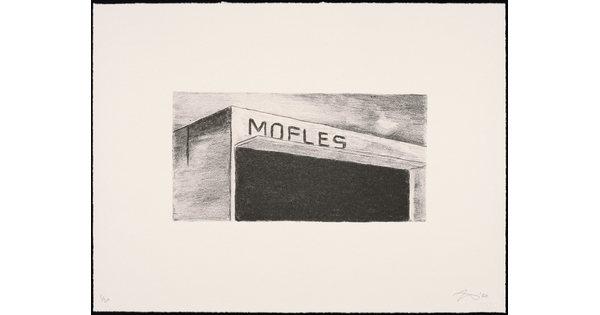 A black-and-white print of a garage-like building with "Mofles" written across the top of the structure.