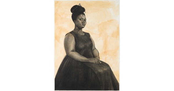A portrait drawing of a seated young Black woman with an updo and formal dress wearing a pair of calipers as a tiara.