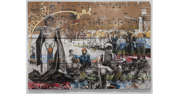 A large-scale drawing on cardboard produce boxes of a queen figure standing next to food laborers eating and in line at a food truck.