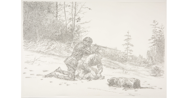 A black-and-white drawing of two hunters and their dog kneeling in the snow as one hunter takes aim at an animal in the distance.