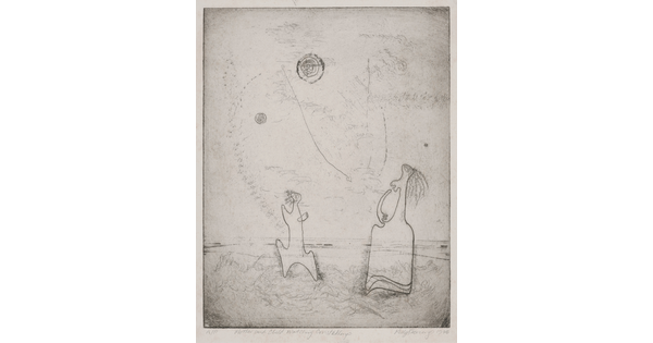 An abstract black-and-white print of two figures looking toward circular objects in the sky.