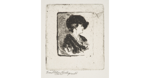 A black-and-white print portrait of a White woman in profile wearing a large hat.