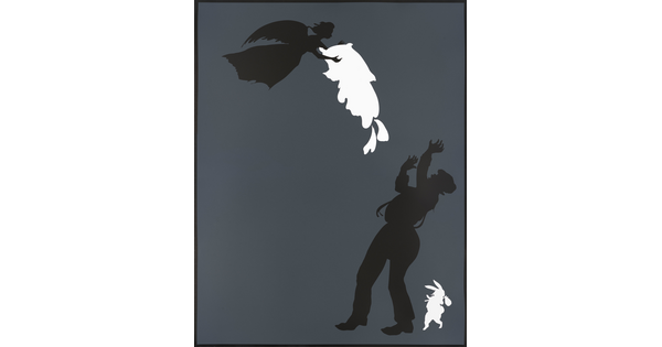 A color print of a black angel silhouette pouring a white abstract shape onto the black silhouette of a person with their arms raised next the silhouette of a white rabbit, all on a dark gray background.