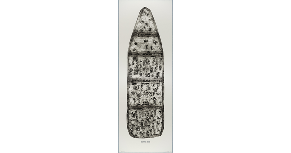 A black-and-white print of an ironing board filled with holes and dents, showing the shadows of its supporting structure, and with the word "FANNIE MAE" below the image.