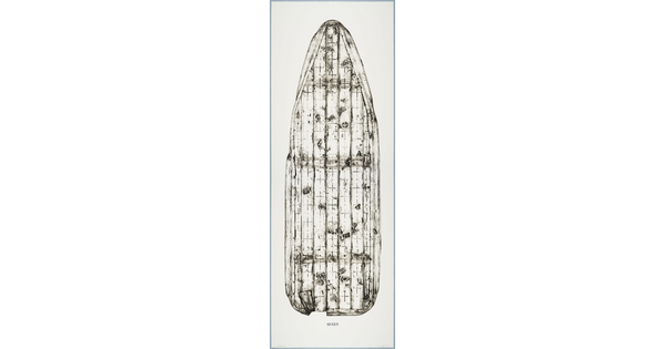A black-and-white print of an ironing board filled with holes and dents, showing the shadows of its supporting structure, and with the word "QUEEN" below the image.