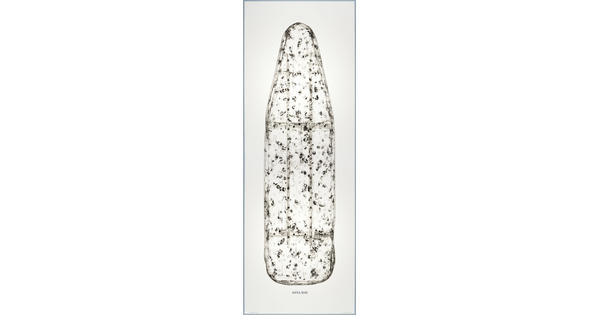 A black-and-white print of an ironing board filled with holes and dents, showing the shadows of its supporting structure, and with the words "ANNA MAE" below the image.