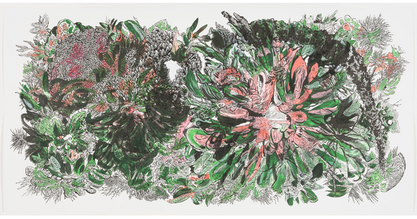 A detailed drawing of abstracted green leaves and pink flowers outlined in black ink.
