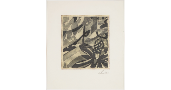 An abstract, mostly flat creation of lines and geometric shapes that resemble plant stems, leaves, and flowers layered in shades of gray and black.