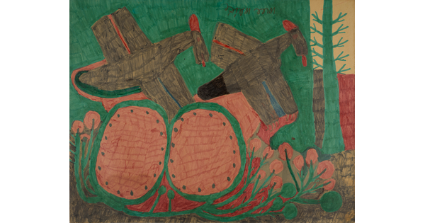 A color marker drawing in folk-art style of two brown birds flying over two cut-open watermelons in a garden.