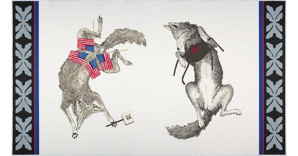 A color print of two wolves lying on their backs: one has four American flags laying on its belly and holds a sign that says, "tone deaf;" the other has a black mask in its paws that says, "help."
