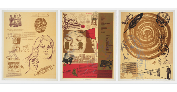 Three side-by-side color prints: left, an illustration of a Latina holding a flower surrounded by text, masks, and skeletons; center, a collage of text and illustrations of plants, people, and animals; right, a coiled snake with illustrations of a Latina holding a flower, seashells, a feather, and text.