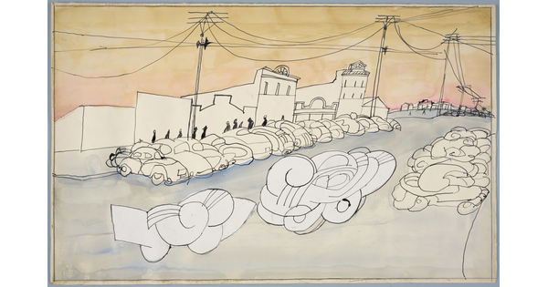 An ink and watercolor drawing of abstract Beetle-like vehicles on a road, parked and driving, with buildings and powerlines in the background.