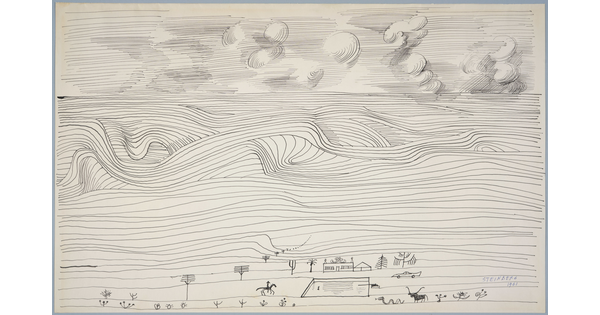 An line drawing of a landscape with swirly lines indicating clouds, curved lines suggesting the prairie, and a small ranch scene in the foreground.