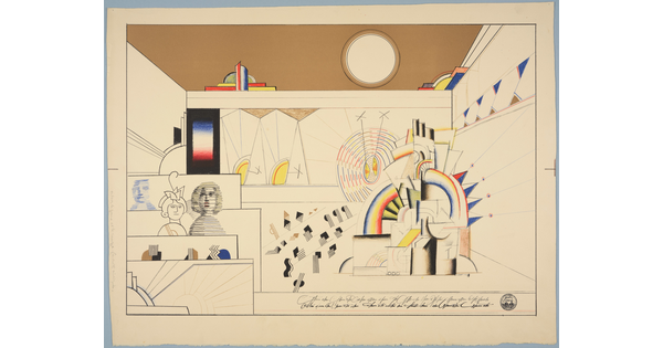 An abstract color print of a juke box playing music on the right and three seated figures on the left with red, blue, yellow, and black highlights.