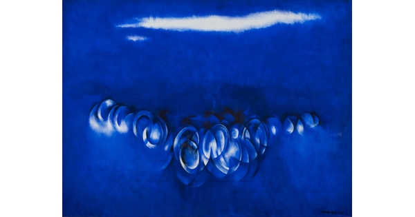 A painting in vibrant blue with white and blue circles gathered in the center, almost like bubbles, under a white cloud.