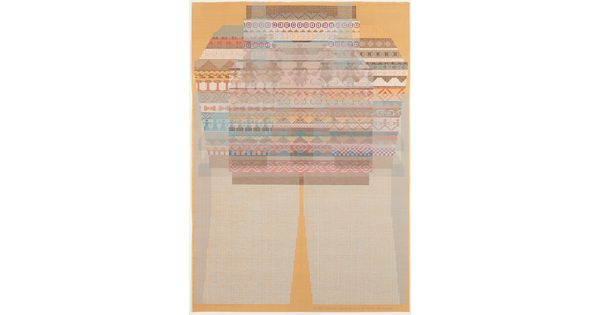 A brightly-colored drawing of geometric patterns, similar to woven designs, on a sort of rectangle shape.