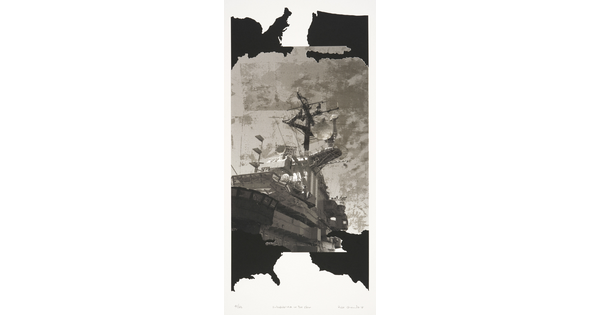 A black-and-white print of repeating black silhouettes of the United States overlaid on a photograph of a battleship.