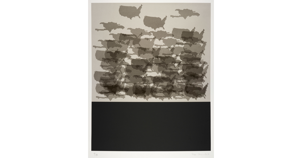A black-and-white print of multiple outlines of the United States and the island of Hispaniola overlaid on top of each other, and a black rectangle at the bottom.