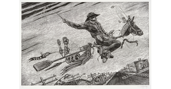 A black-and-white print of a cowboy riding a broomstick with a horse's head flying above a street lined with buildings and powerlines.