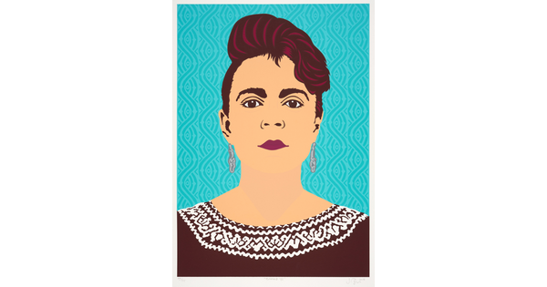 A color print of a Latina woman from the chest up with maroon hair with pink details, dark pink lipstick, and wearing a maroon sweater with a white pattern along the collar.