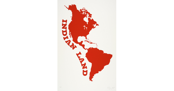 A color print of the silhouettes of North and South America in red with the words "Indian Land" running along the left side.