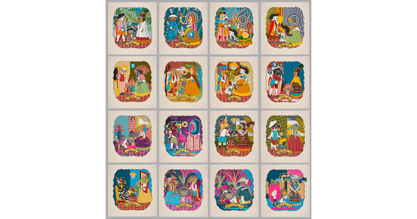A grid of 16 color prints featuring a variety of figures with animal features dressed in Spanish colonial attire and Indigenous clothing.