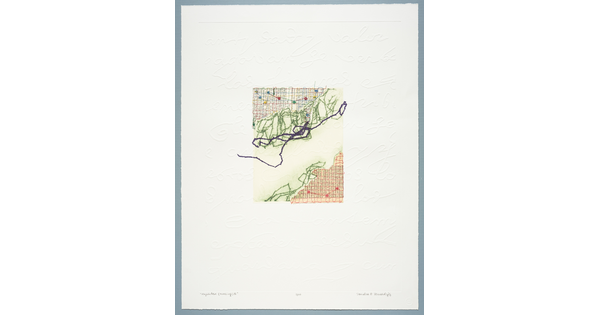 An abstract print with stitching in red, green, and black over newspaper clippings in English and Spanish with embossed handwriting along the border.