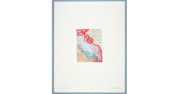 An abstract print with stitching in red, blue, and black over newspaper clippings in English and Spanish with embossed handwriting along the border.
