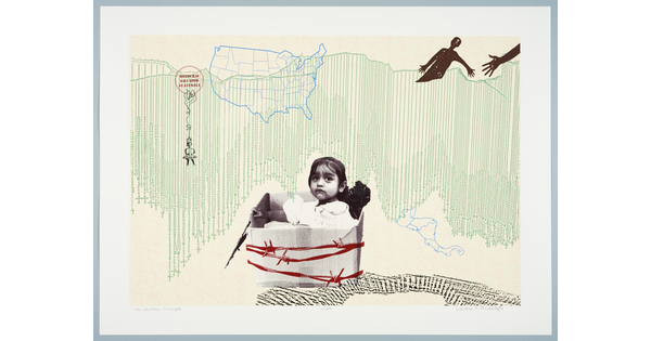 A abstract color print of a child sitting in a box wrapped in red barbed wire under a curtain of green rosaries, a blue line drawing of the U.S., and a figure drowning in the rosaries and reaching toward a hand.