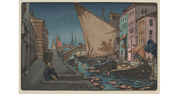 A color print of boats passing along a narrow canal through a colorful city under a dark blue sky.