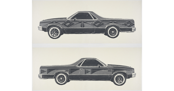 A black-and-white print of two El Camino-like cars, shown from the sides, with Native American designs on the doors and fenders.