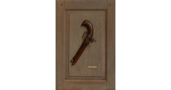 A realistic oil painting of a flintlock pistol hanging on a nail on a wooden panel